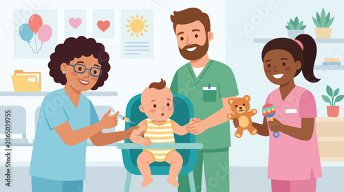 Healthcare professionals interacting with a baby.