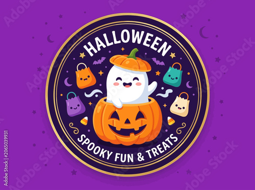 Billede på lærred Cute Kawaii Halloween Ghost in Jack-o'-Lantern Illustration for Spooky Fun & Tre