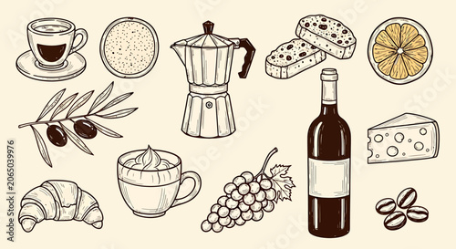 Canvastavla Hand drawn set collection of food and drink items on a table