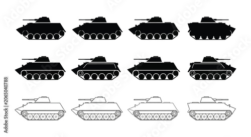 Obraz na plátně Tank Silhouettes On White Background Military Vehicle Collection