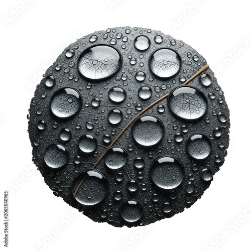 Close-up of a dark green leaf covered in numerous clear water droplets, isolated on a white background.