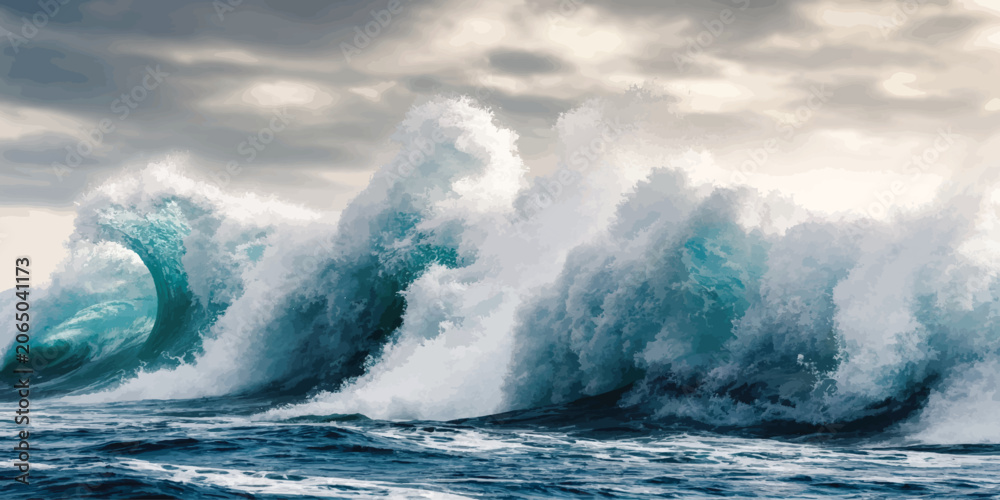 Obraz premium Massive turbulent ocean wave breaking under a cloudy sky with turbulent crashing seascape environment splashing background powerful movement