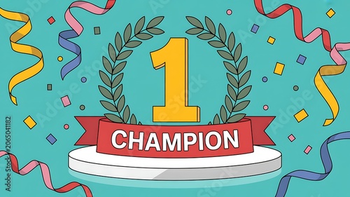 Number one champion trophy podium with festive ribbons and confetti illustration