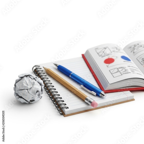 Notebook, pen, pencil, and crumpled paper ball on white background.