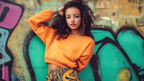 Young woman in colorful outfit near graffiti wall