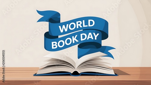 World book day celebration with open book and blue ribbon banner illustration