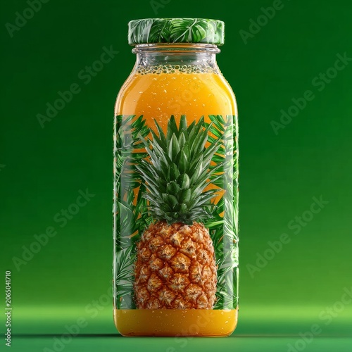 Fresh pineapple juice in glass bottle with whole pineapple inside on green background