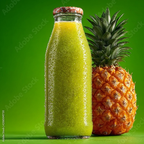 Fresh pineapple juice bottle with whole pineapple on vibrant green background