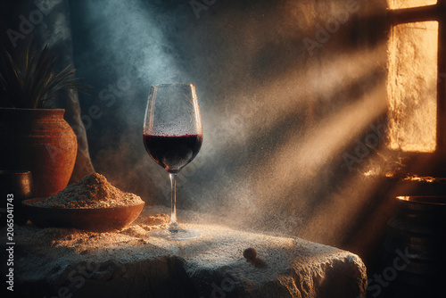 A glass of red wine sits in a dusty cellar with light streaming through a window