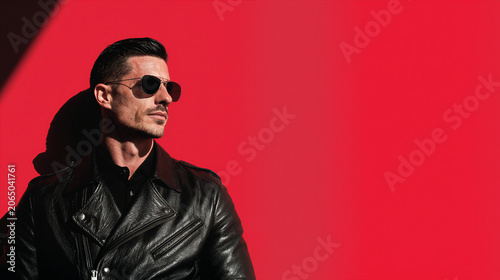 Man in black leather jacket and sunglasses against a vibrant red background
