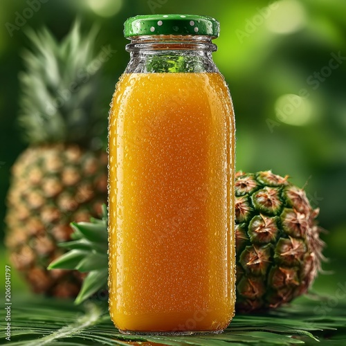 Pineapple juice in a glass bottle with fresh pineapples