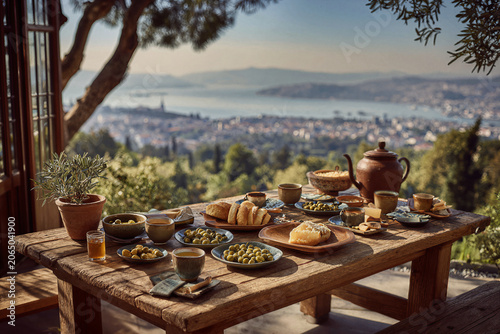 Rustic wooden table laden with Mediterranean breakfast delights overlooking a scenic coastal city