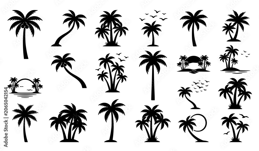 Fototapeta premium Tropical Palm Tree Silhouette SVG Set – Coconut Palms, Sunset and Birds Beach Vector Collection