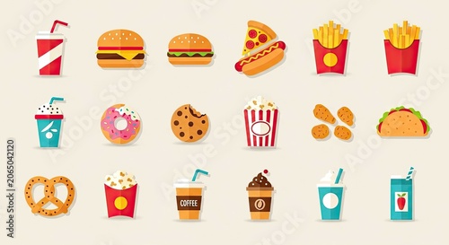 Junk food and snacks flat vector illustration collection.