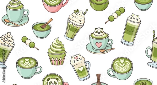 Kawaii matcha desserts and drinks illustrated seamless pattern.
