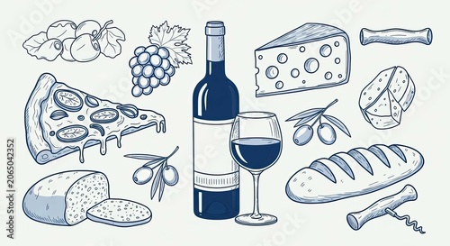 Italian food and wine illustrations in blue line art.