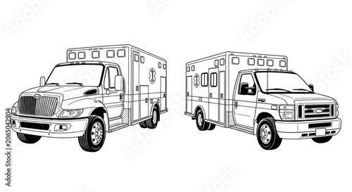 Line art illustration of two modern ambulance medical vehicles.