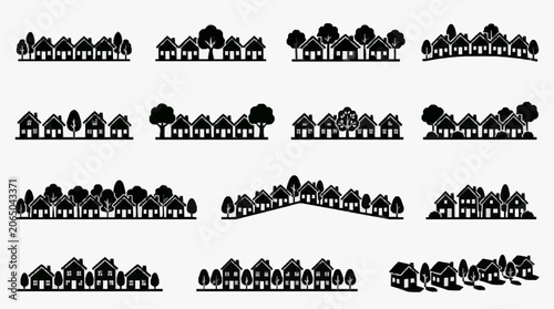 Silhouetted Village Scenes Across Terrain.