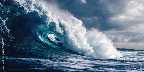 Fotografía Powerful ocean wave crashing under dramatic stormy sky with crashing movement sp