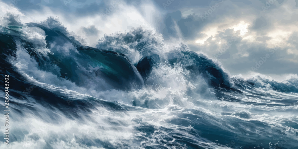 Naklejka premium Powerful storm waves crashing in the open ocean under a dramatic cloudy sky with crashing turbulence splashing environment currents majestic