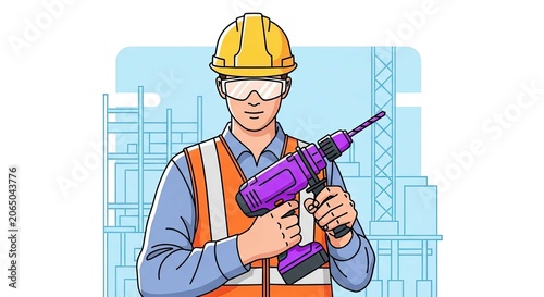 Male construction worker holding a drill on building site