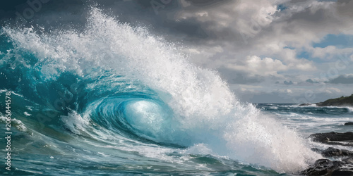 Obraz na płótnie Large breaking ocean wave near coastal shoreline with shoreline crashing splashi