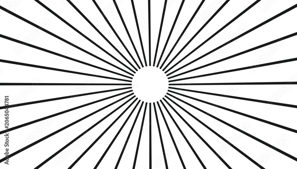 Obraz premium Bold black sunburst pattern radiates dramatic rays from a central white circle on a clean background.