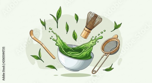 Matcha tea preparation with whisk and green leaves.