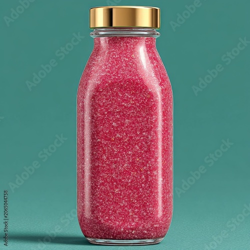 Glass bottle with vibrant red strawberry powder supplement on teal background