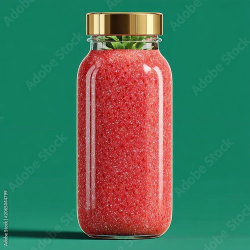 Fresh strawberry powder supplement in glass jar with golden lid on teal background
