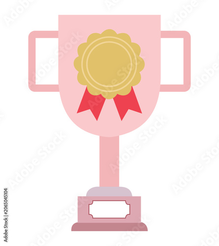 Pink trophy cup with gold award badge flat vector illustration