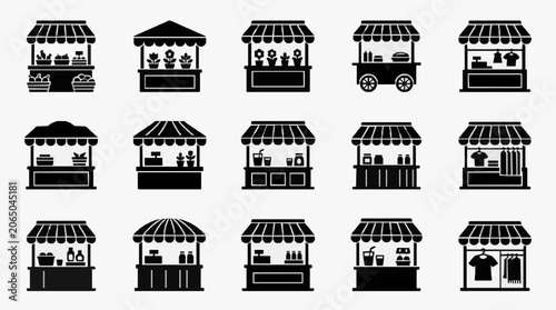 Obraz na plátně Street Food Stalls Lineup Illustration.