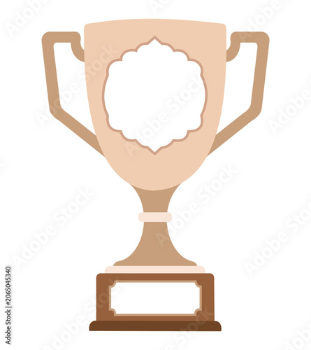 Beige trophy cup with decorative badge flat vector illustration