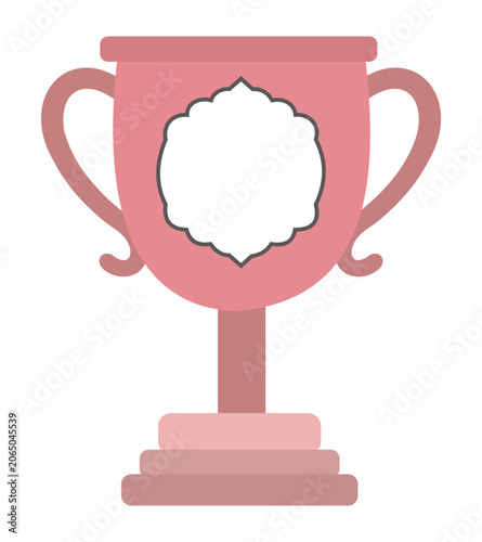 Pink trophy cup with decorative emblem flat vector illustration