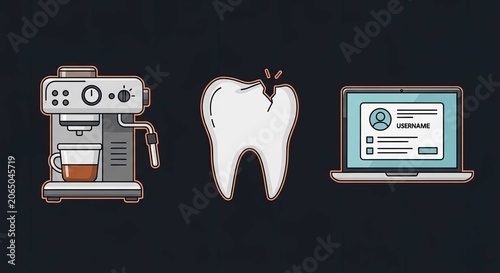 Minimalist icons depicting an espresso machine, tooth, and login screen.
