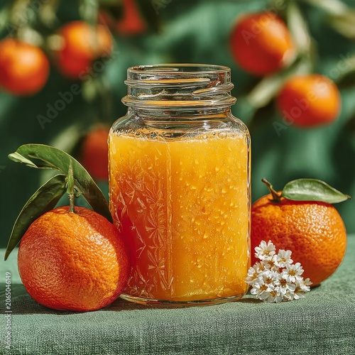 Fresh homemade orange juice in glass jar with whole citrus fruits on linen cloth