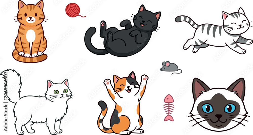 Fototapeta premium Cute cartoon cat vector character set featuring different breeds and poses sitting rolling running standing stretching with toy mouse yarn ball