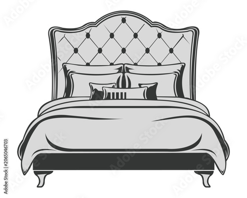 Elegant upholstered bed with tufted headboard flat vector illustration