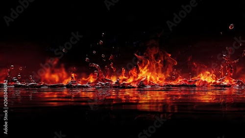 Abstract fire burning on splashing water surface with orange flames against black background