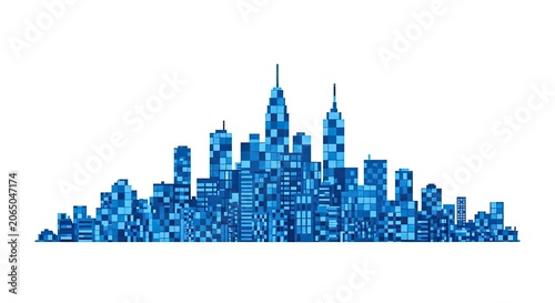 Modern blue mosaic skyscraper skyline on white background