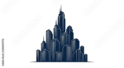 Modern blue urban skyline graphic with tall skyscrapers.