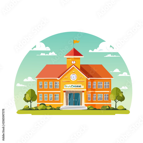 Flat design illustration of a yellow house with trees