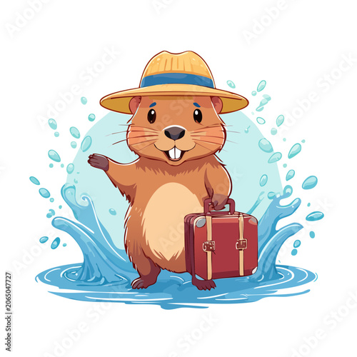 Cartoon bear with hat and suitcase