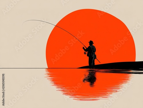 Fisherman silhouette at sunset with water reflection