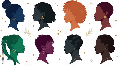 Foto Diverse Women Profile Silhouette Icon Set with Elegant Hairstyles and Golden Jew