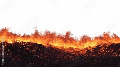 Line of burning coal and hot embers with orange flames isolated on white background