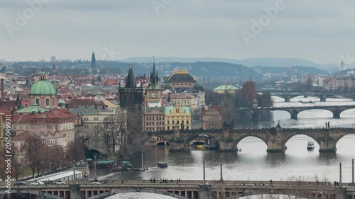 Prague Czechia Czech Republic time lapse high angle view city skyline at Vltava River with many bridge