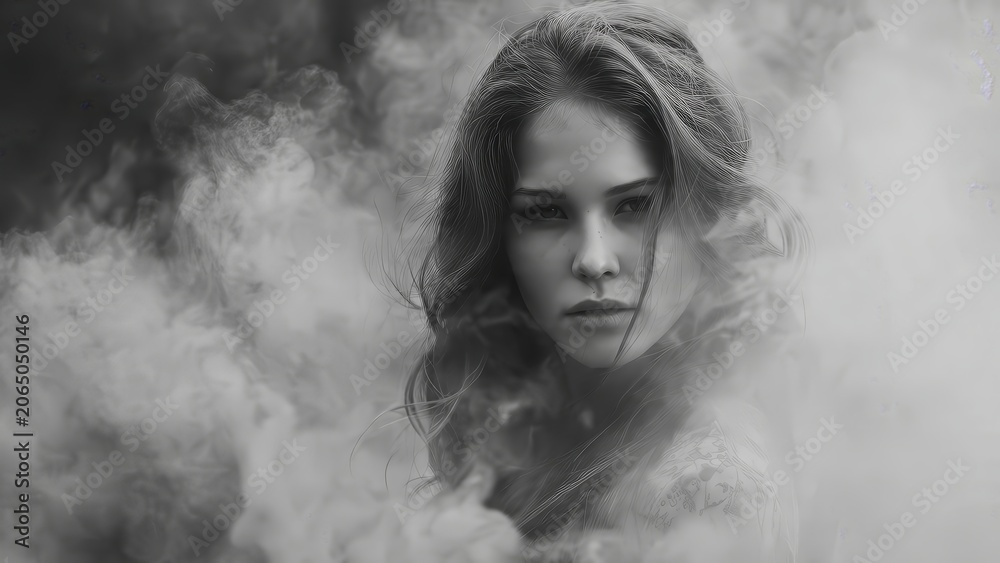 Obraz premium Dramatic black and white portrait of woman in thick smoke