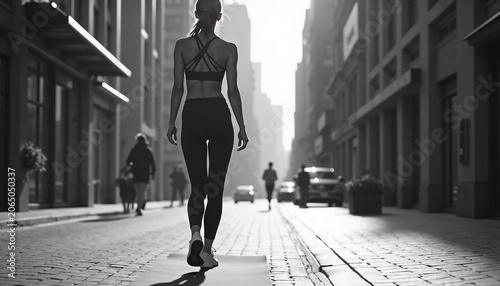 Woman athlete walking on yoga mat in middle of urban city street. Female fitness training outdoors between buildings. Healthy lifestyle, energetic urban workout and wellness concept.