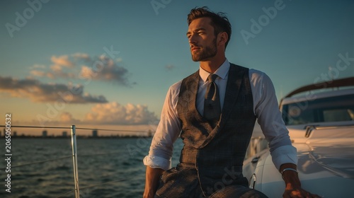 Man in suit standing on yacht deck during sunset. Successful businessman enjoying luxury lifestyle while travelling on sea. Elegance and wealth concept for travel and leisure.